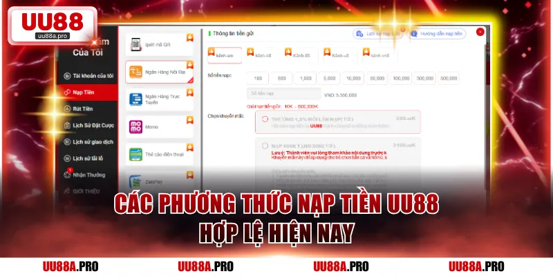 Các phương thức nạp tiền UU88 hợp lệ 